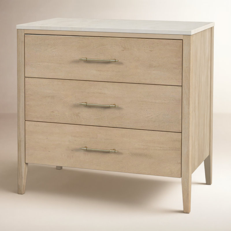 Isa 32.75 in. W Marble and Wood 3 Drawer Chest, Light Brown, Light Brown