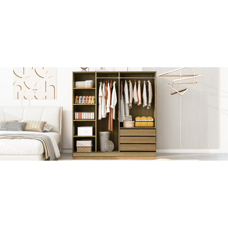 Armoire de rangement sans porte pour chambre à coucher avec tablettes et 3 tiroirs, Natural