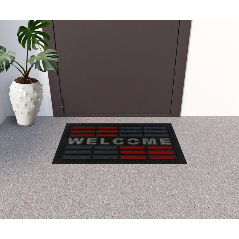 Tapis d'extérieur 18 po x 30 po gris et rouge à motif de fibres synthétiques abstraites