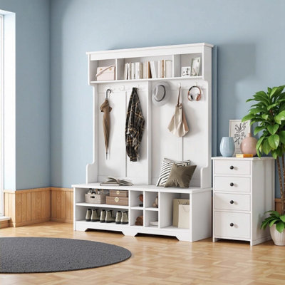 Modern Hallway Hall Tree with 6 Metal Hooks, Storage Bench & Shoe Cubbies, White Multi-Functional Entryway Coat Rack Organizer