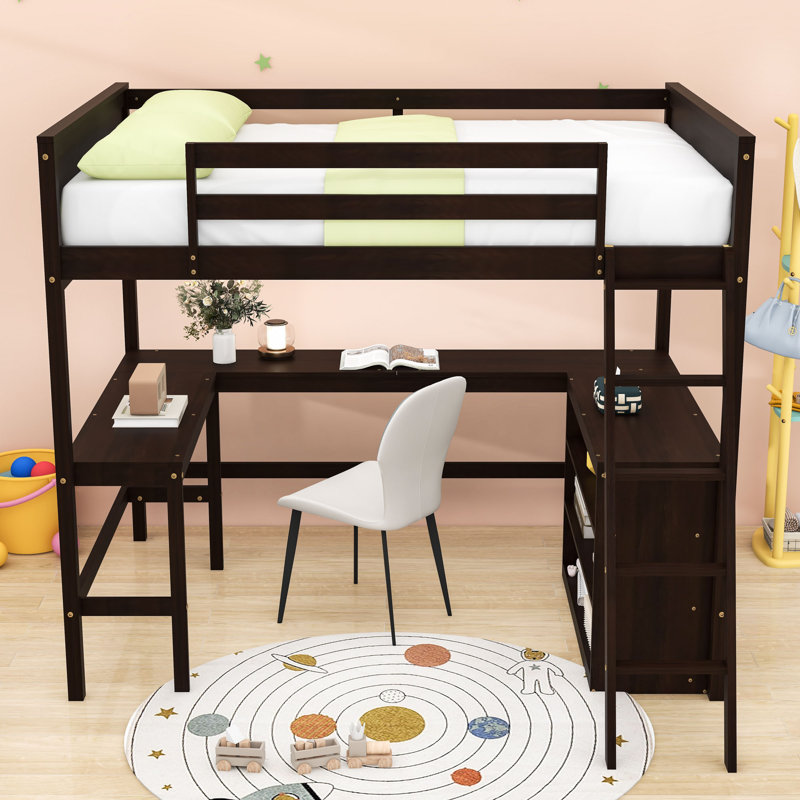 Lit mezzanine double avec tablettes et bureau, Espresso