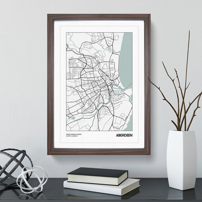 Map Aberdeen UK - Picture Frame Graphic Art, Walnut Framed, 36cm H x 27cm W x 2cm D