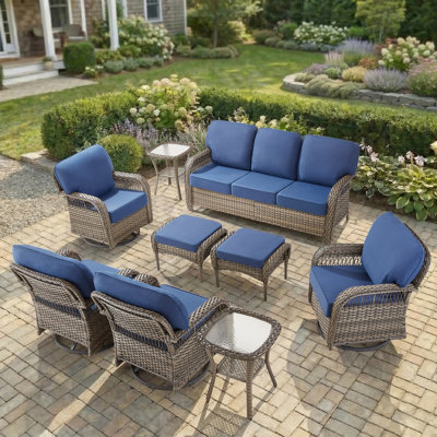 7-9 Person Outdoor T-Back Wicker Patio Family Conversation Set With Sofa, Swivel Chairs, Ottomans & Side Tables