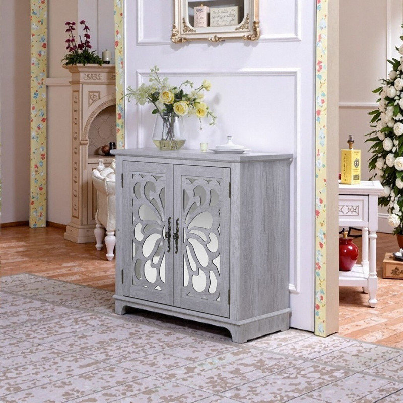Buffet en acrylique avec porte à miroir et tablettes réglables creuses, Gris clair