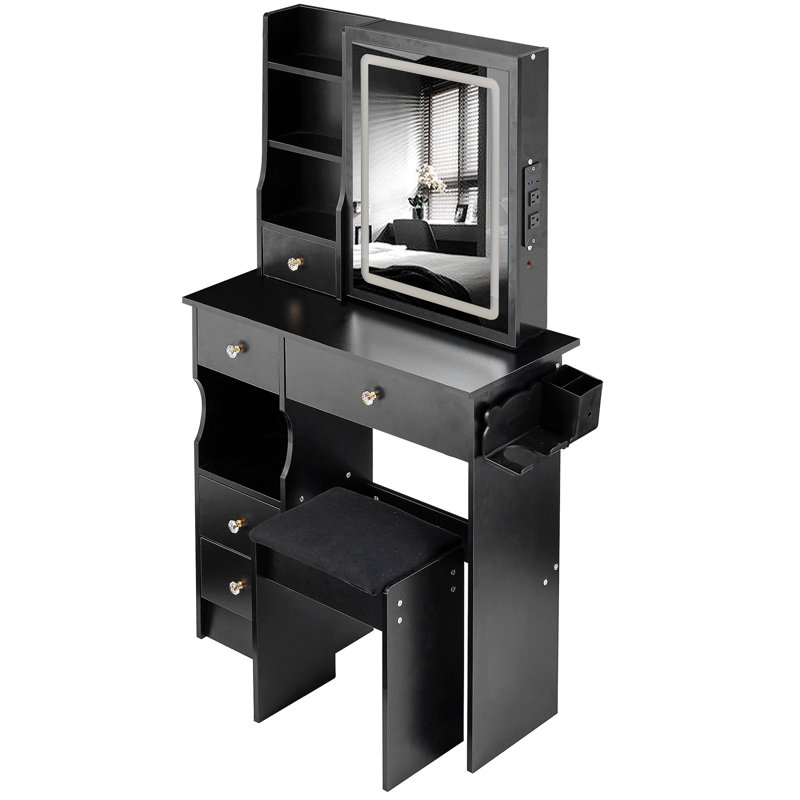 Versatile Desktop Vanity Table With Advanced Power Station And Comfortable Stool, Black