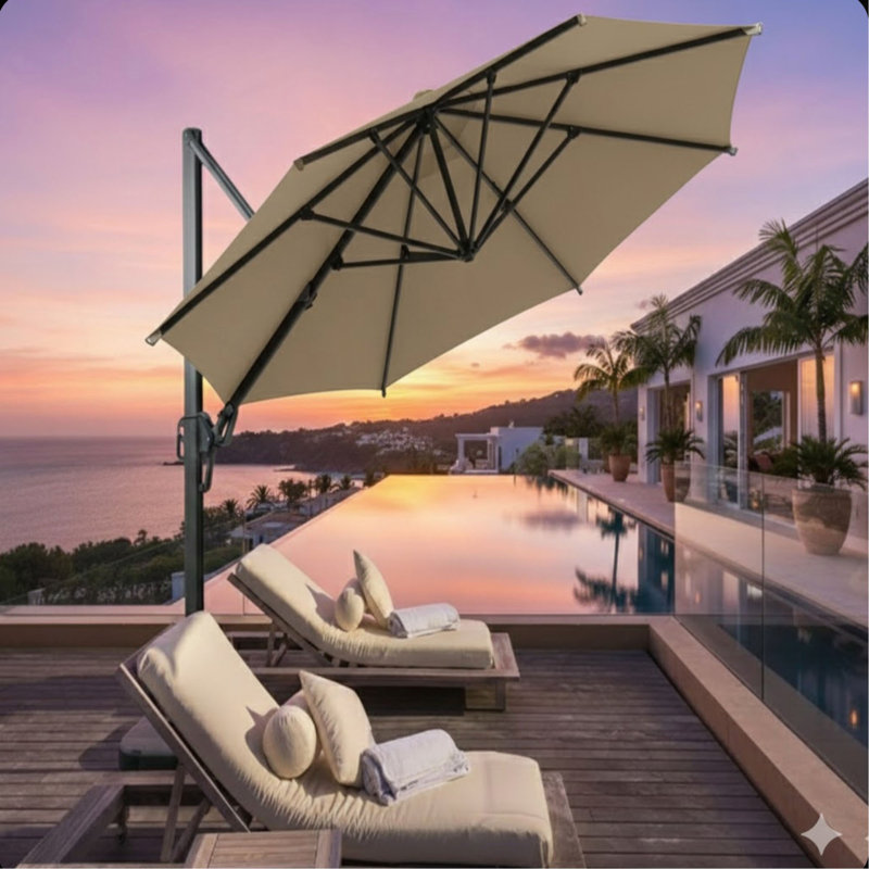Grand parasol de patio en porte-à-faux carré en porte-à-faux de 10 pi avec rotation à 360 ° et réglage des mésanges et parasol de terrasse robuste à baldaquin en polyester sans base.