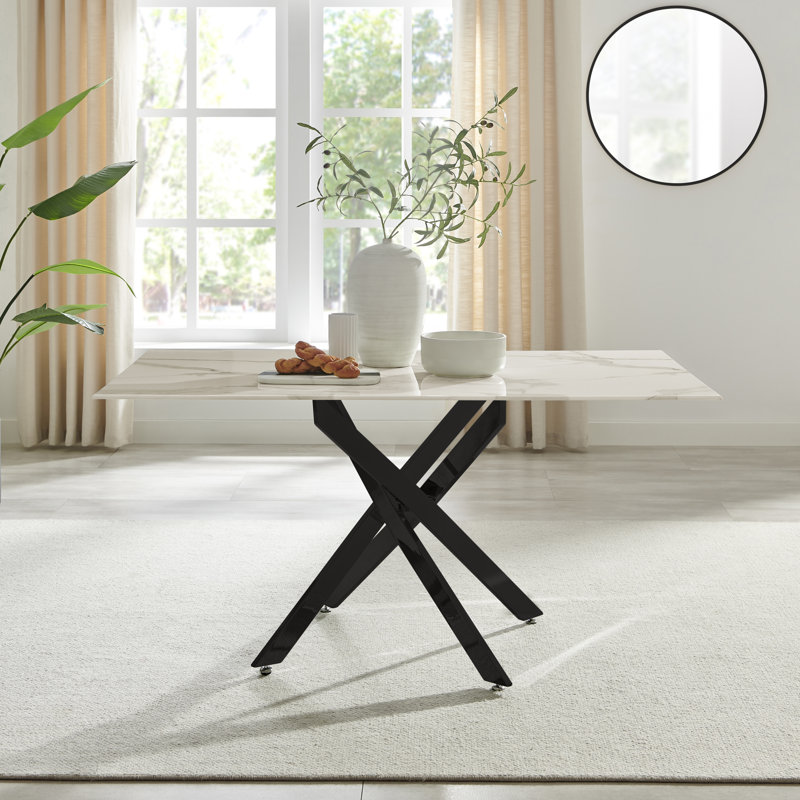Chanden Luxury Marble Effect Glass 6 Seater Dining Table - Modern Statement Design, White, Black