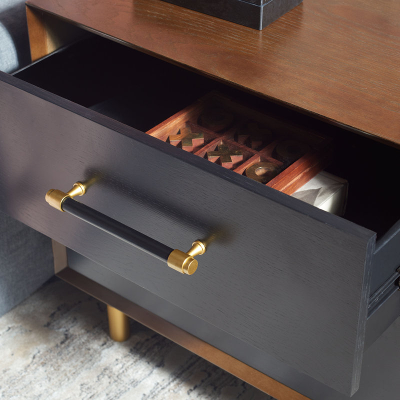 Justice Walnut & Black 2 Drawer Nightstand with Brass Accents
