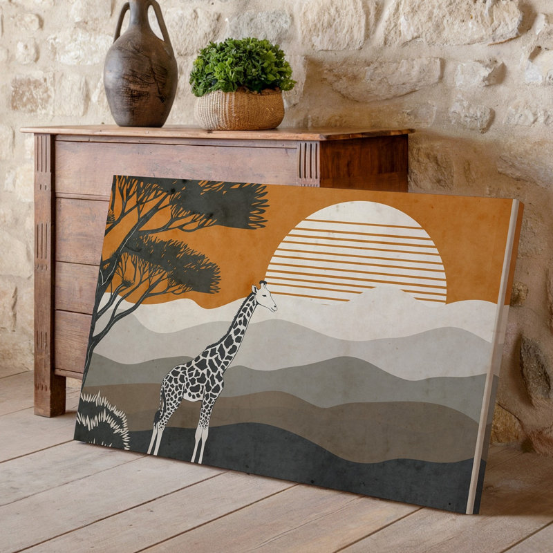 Toile, une illustration stylisée mettant en vedette une girafe solitaire dans un profil, art mural sur fond gracieux sur toile de fond chaleureux