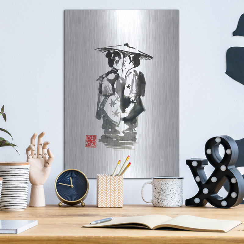 Art mural en métal «Two Geisha» par Pechane, H 16 po x l 12 po