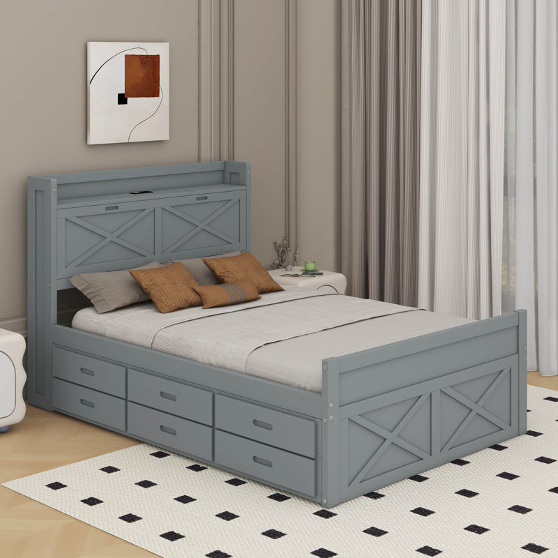 Lit double en bois avec lit gigogne et trois tiroirs de rangement, Gris