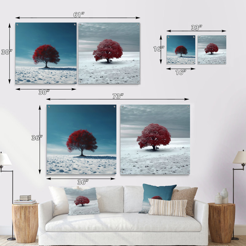 Arbre rouge dans la neige I - ensemble de 2 art mural en acrylique, H 16 po x l 33 po