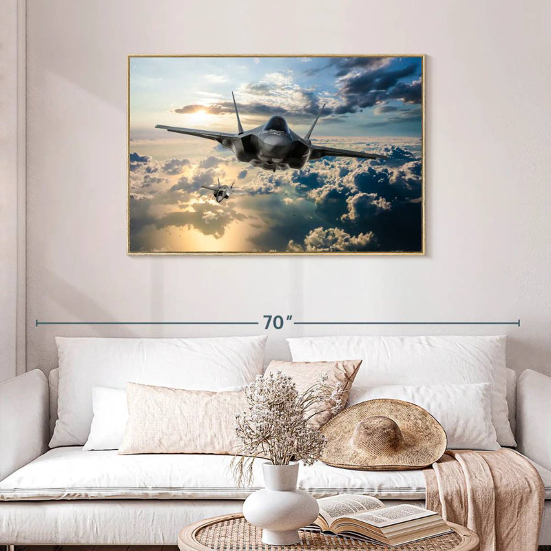 F35 Fighter Jet, Floating Frame Natural Wood, 43" X 29"