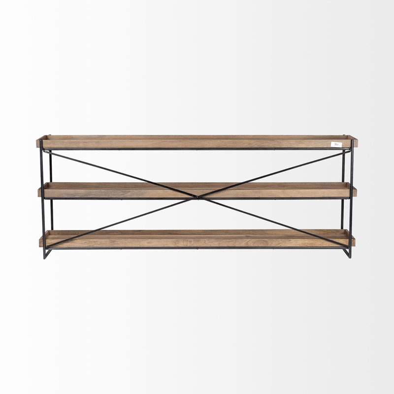 Console de 80 pouces en bois massif brun clair et noir et fer, avec deux tablettes