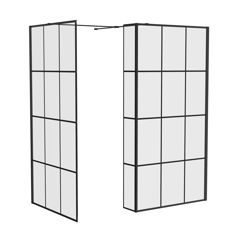 Black Grid Walk In Shower Enclosure Wet Room Glass Screen 1000mm & 1000mm with 215mm Return Panel