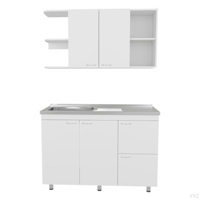Ensemble d'armoires de cuisine avec rangement supérieur et inférieur, 4 portes et tablettes ouvertes, blanc
