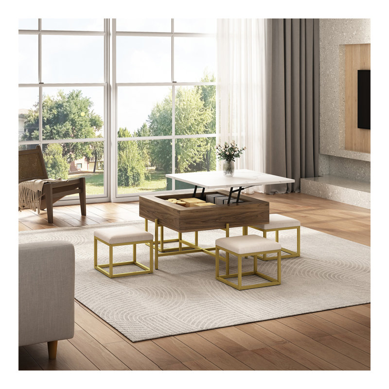 Ensemble de tables basses à plateau relevable moderne avec rangement et 4 repose-pieds blanc et noyer