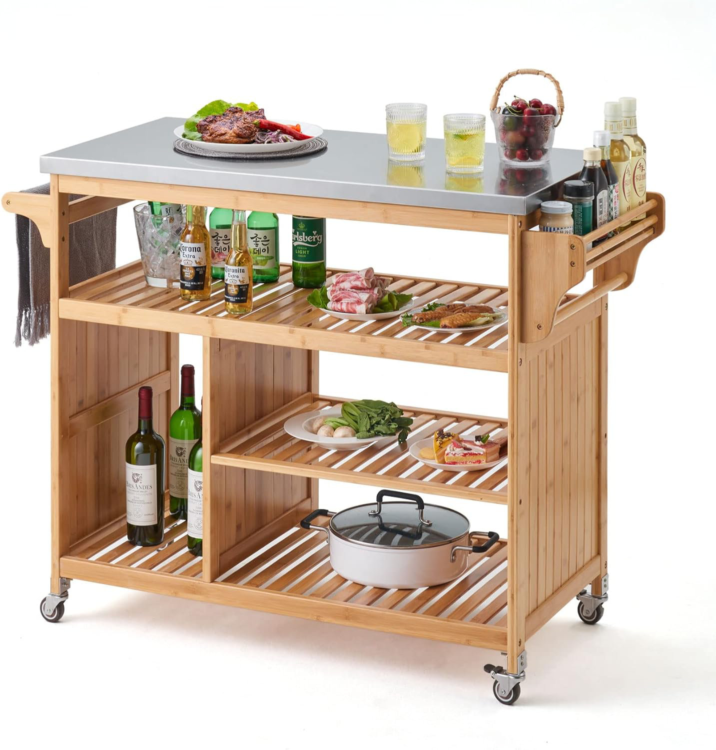 Arlmont & Co. UNICOO Bamboo Kitchen Rolling Utility Cart with Stainless
