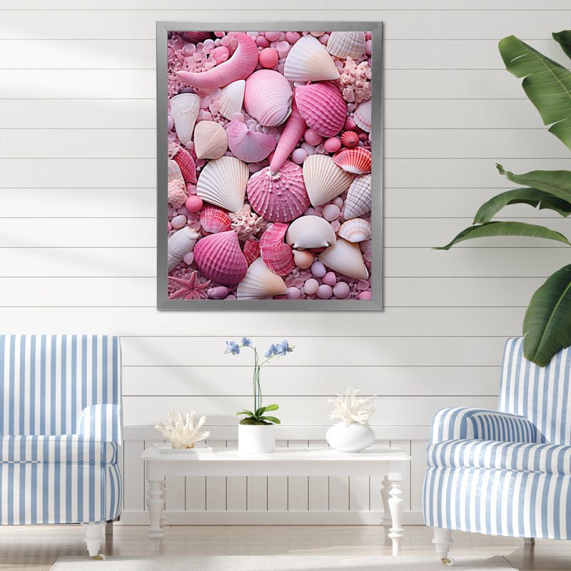 Coquillage rose sur la plage sur toile, H 20 po x l 12 po x P 1 po, Cadre photo argenté