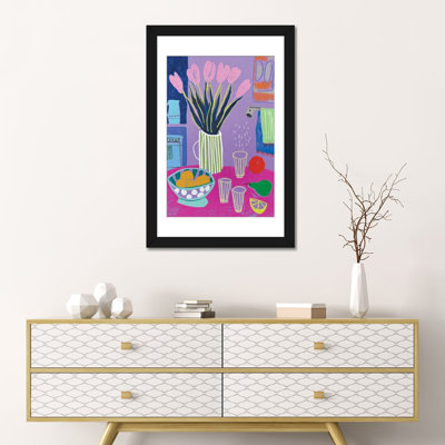 Tulipes roses et matin mauve - reproduction d'art murale - papier d'art encadré