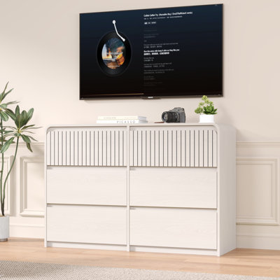 Modern 6 Drawer Dresser For Bedroom, 48" Large Fluted Wide Chest Of Drawers, Wooden Dresser Closet Organizers W/Storage Drawer & Curved Profile Design,TV Stand For Living Room, Hallway, White