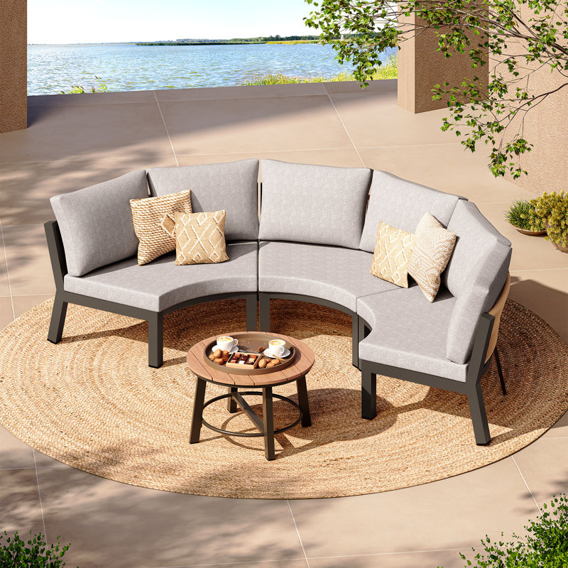 Curved Outdoor Sectional Sofa, Light Grey, Black