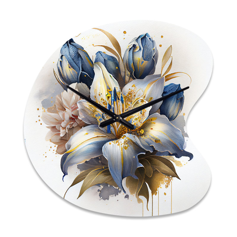 Or et bleu lis Bouquet III - horloge murale asymétrique moderne en métal, impression d'horloge murale bleue, Petit