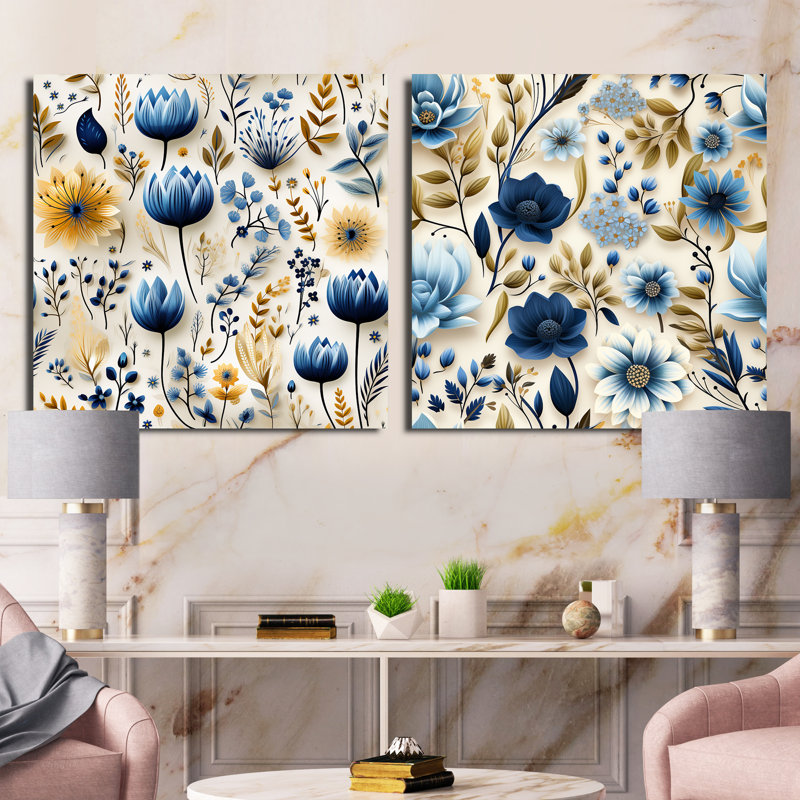 Blue Coastal Dreams - motif floral III - ensemble de 2 collages carrés botaniques abstraits, Cadre flottant doré