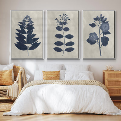 Ensemble de 3 pièces encadrées sur toile, fleurs pressées bleu marine