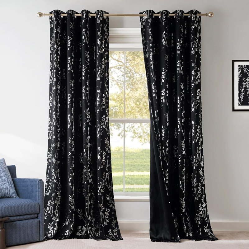 100% Blackout Curtains, Grommet Pattern Gold Foil Printed Window Treatments Room Darkening Drapes for Bedroom, 2 Panels