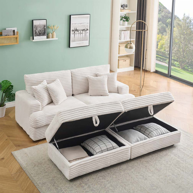 Canapé avec repose-pieds Corduroy, Blanc