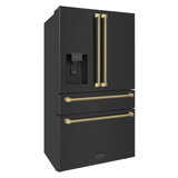ZLINE Autograph 36 in. Counter-Depth Fridge w/ Water Dispenser in Black Steel & Gold Helix Handles