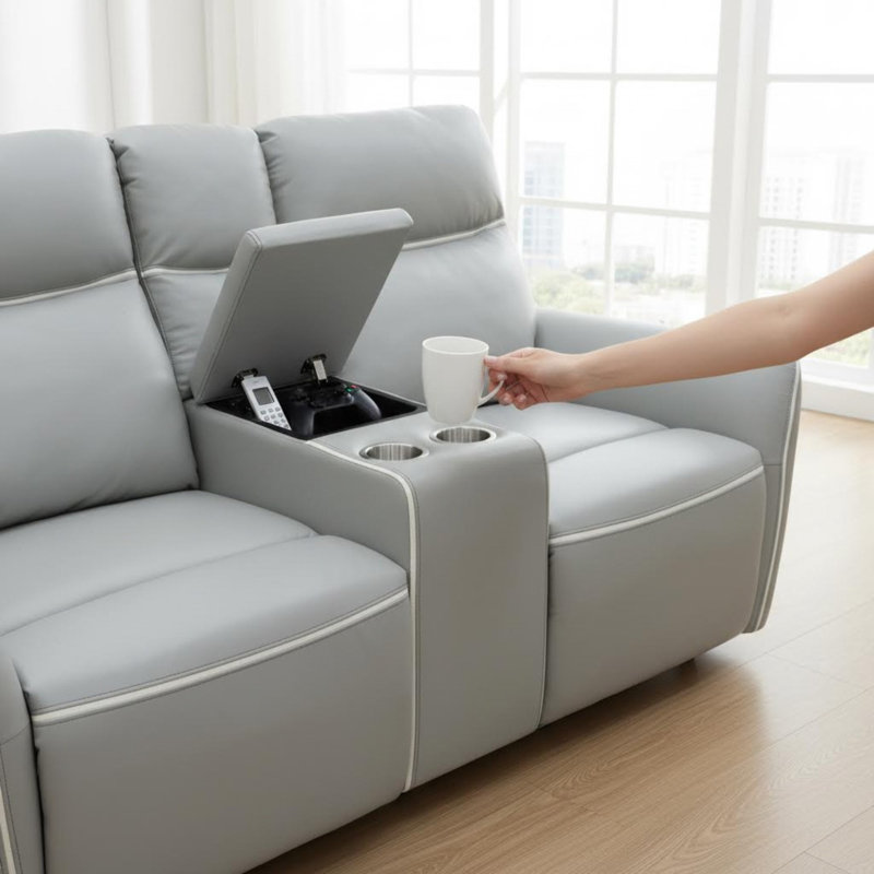 Canapé inclinable moderne en cuir 2 places avec rangement, lumières USB et DEL - gris clair