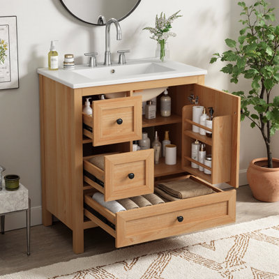 Meuble-lavabo 30 po à grain de bois avec lavabo en céramique, pieds en bois massif, tablette réglable et porte et tiroirs à fermeture en douceur, support de rangement, conception à dossier ouvert pour les petites salles de bain et les salles de bain d'invités