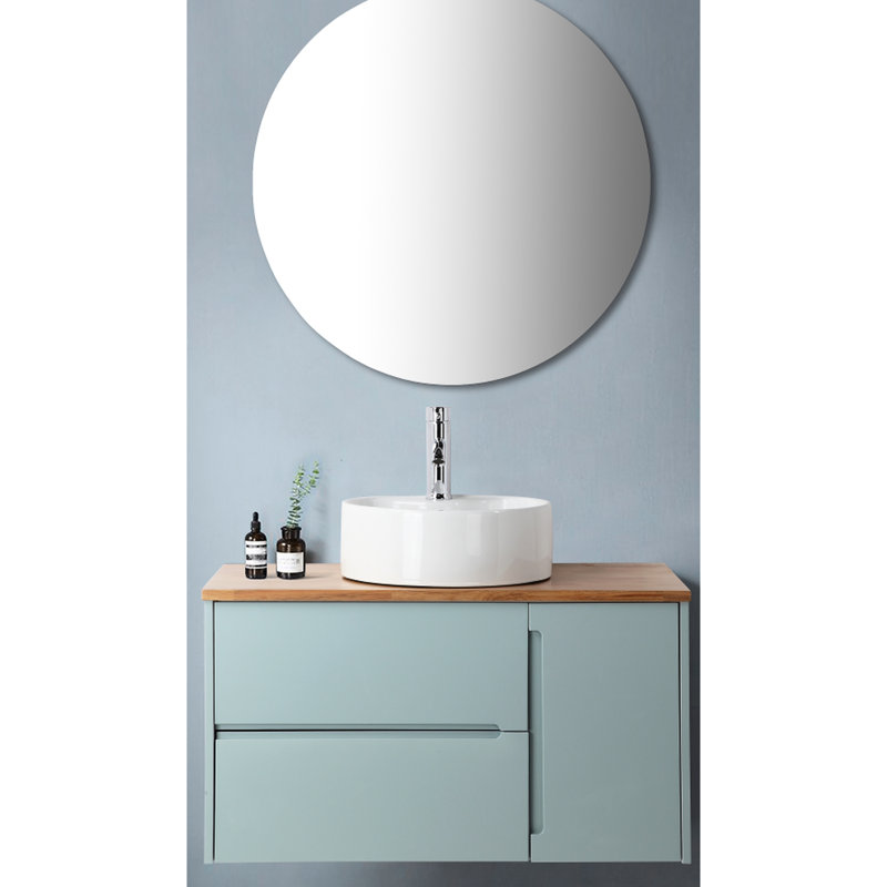 Meuble-lavabo de salle de bain avec tiroir double 32 po + une porte, lavabo rond en céramique, miroir bleu, plateau en bois massif, atmosphère fraîche, largeur de 40 po, meuble-lavabo 20 po, armoire, bois, rangement spacieux, 40 x 40 x 6