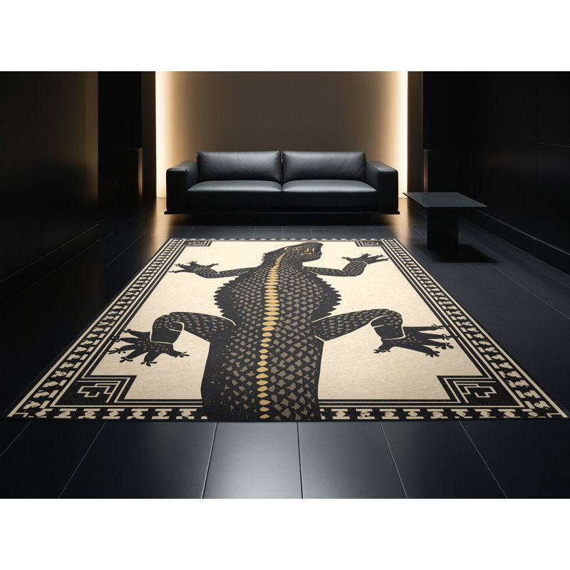 Machine Washable Ozgur Komodo Dragon Global Inspired Block Print Rug in Beige – Black Binding, 5 x 8