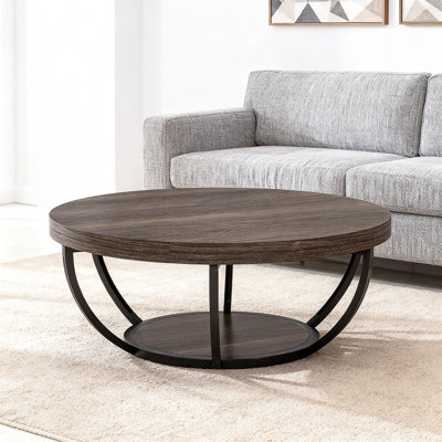 Table basse en bois, table basse ronde à 2 niveaux avec tablettes