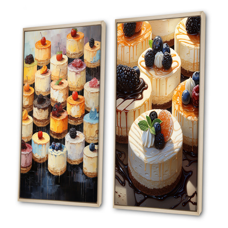 Minimalisme Cheesecakes Dessert - Ensemble de 2 reproductions d'art mural de desserts, H 28 po x l 25 po, Cadre flottant brun