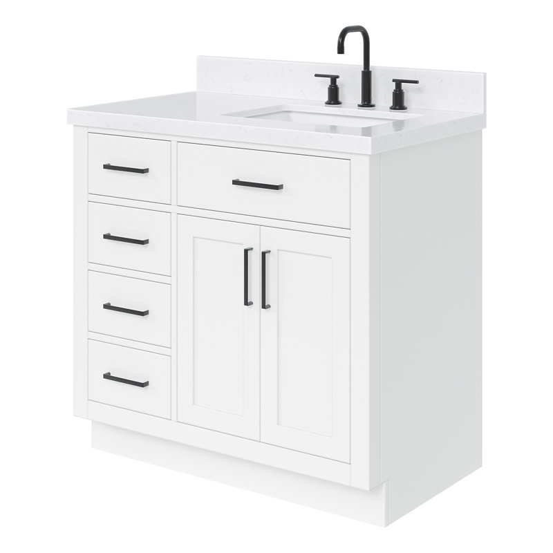 Tidworth 36'' Solid Wood Single Bathroom Vanity with 1.5'' Carrara Quartz Top, White, Right, Rectangular