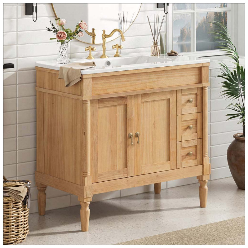 Bathroom Vanity with Ceramic Sink, Wood-36-Inch