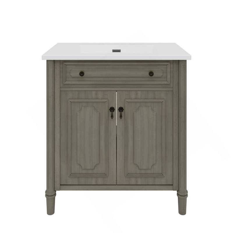 Meuble-lavabo de salle de bain rétro 30 po avec lavabo, armoire de salle de bain rustique avec portes à fermeture en douceur et tablette réglable, conception à profil courbé, pieds en bois d'hévéa, gris