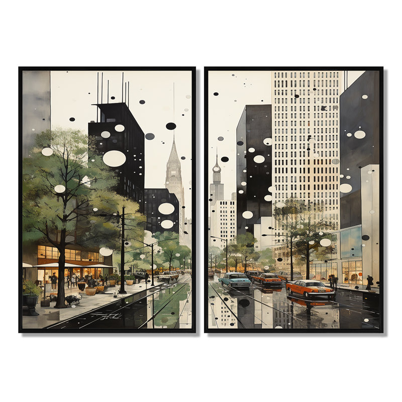 Élégance architecturale grise et verte Mid Century, Black, 36" H x 48" W, Impression encadrée flottante