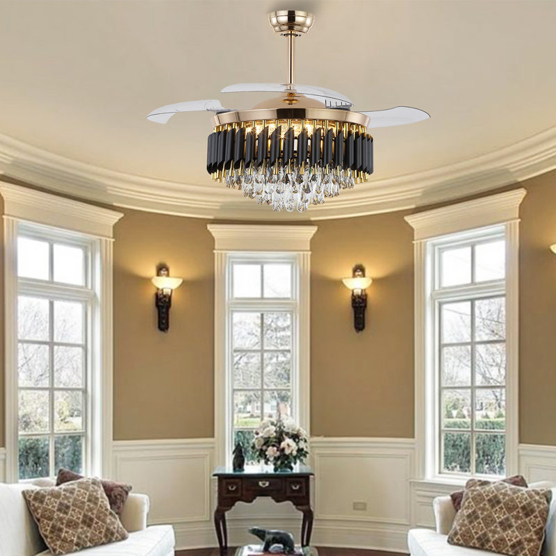 48" Dimmable Crystal Ceiling Fan With Led Lights And Remote Control, Gold with Black