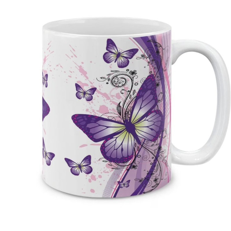 Tasse en céramique 11 oz avec poignée, motif papillon deux tons mauve, idéale pour offrir