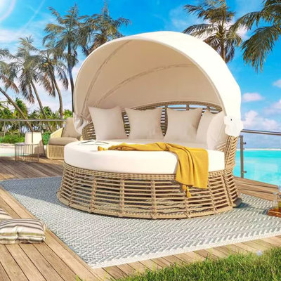 Beige Round Poolside With Retractable Canopy, Outdoor Patio Daybed Removable Cushions, Comfortable And , Adjustable Canopy For Sun Protection Furniture, Beige, Cushions 5 Pillows, Flip Design Leisure