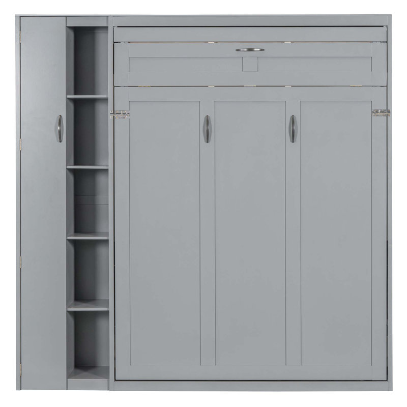 Lit escamotable mural Murphy avec tablettes, garde-robe et lumières DEL, Gris, Lit double