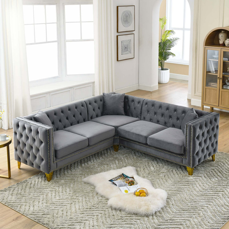 Canapé d'angle en velours de 82,2 pouces, canapé modulaire en forme de L, canapés d'angle 5 places avec 3 coussins, Gris