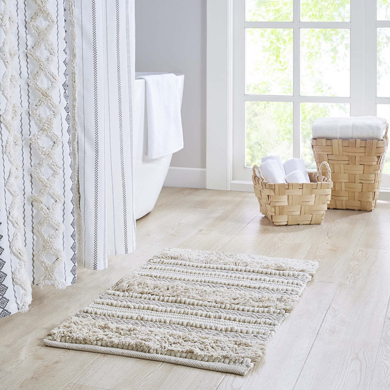 Bath Rug Hand-Woven Texture Shaggy Striped Soft & Water Absorbent Non-Slip 20X32, Natural, 20"W x 32"L