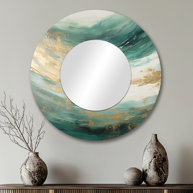 Or et vert Soft Wave Fusion - miroir de formes abstraites, miroir mural rond beige, impression d'art en métal, 29 po x 29 po