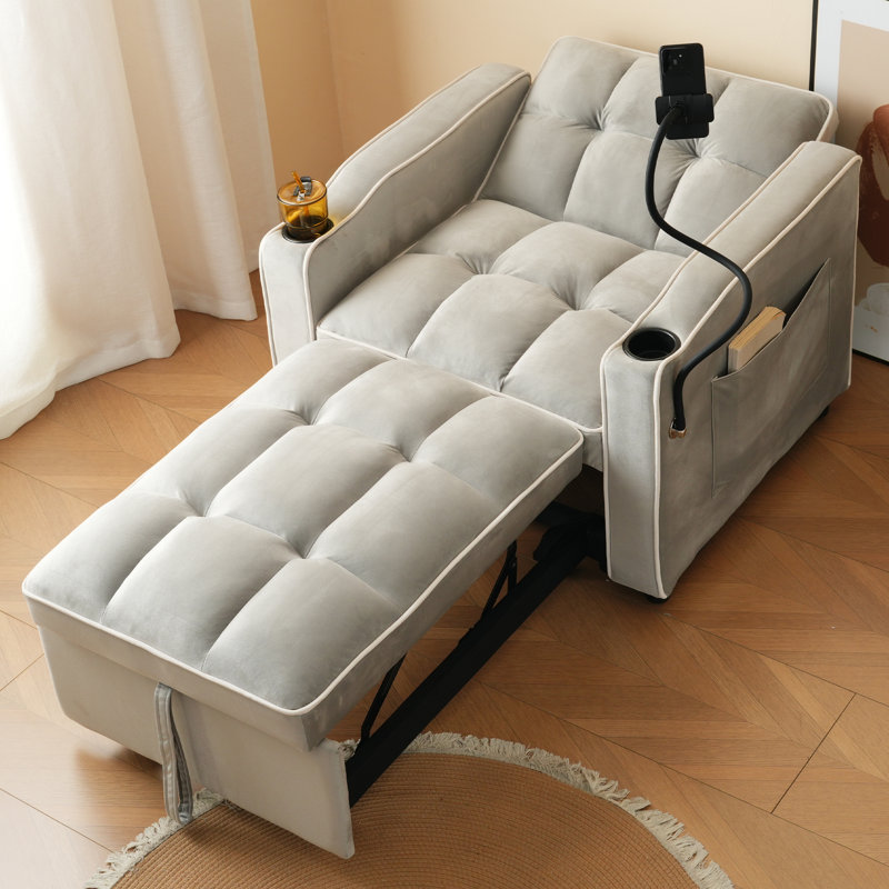 3-in-1 Velvet Accent Chairs Bed With Cup Holders - Space-saving Sleeper Chair For Small Spaces